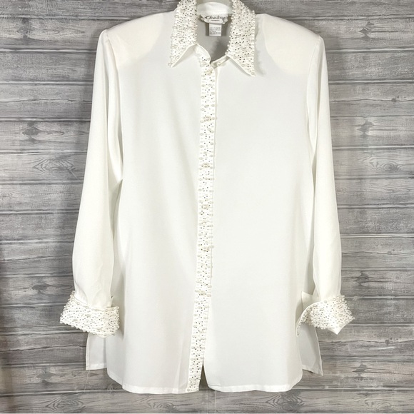 Vintage White Pearl Embellished Collar Sheer Long Sleeve Button Up Size Medium - Picture 2 of 16